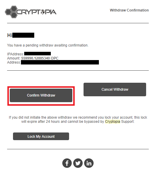 OPCoin (OPC)Cryptopia(クリプトピア)からのメール確認